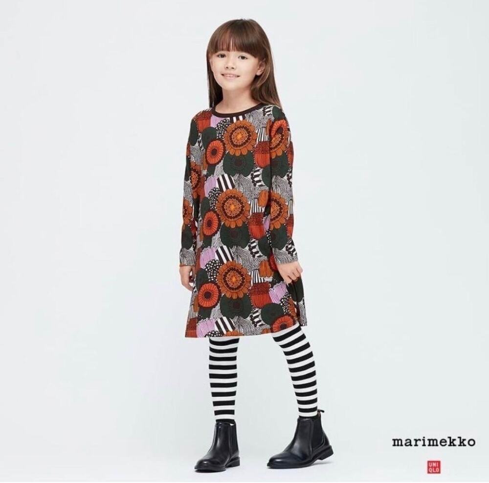 Uniqlo x Marimekko Girls Print Dress Long Sleeve black Orange Pink Gray